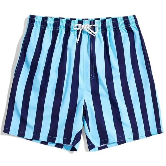 BNWT Isabelle LaRue Men's Light Blue and Navy Blue Stripe Swim Shorts - Medium - Picture 2 of 5